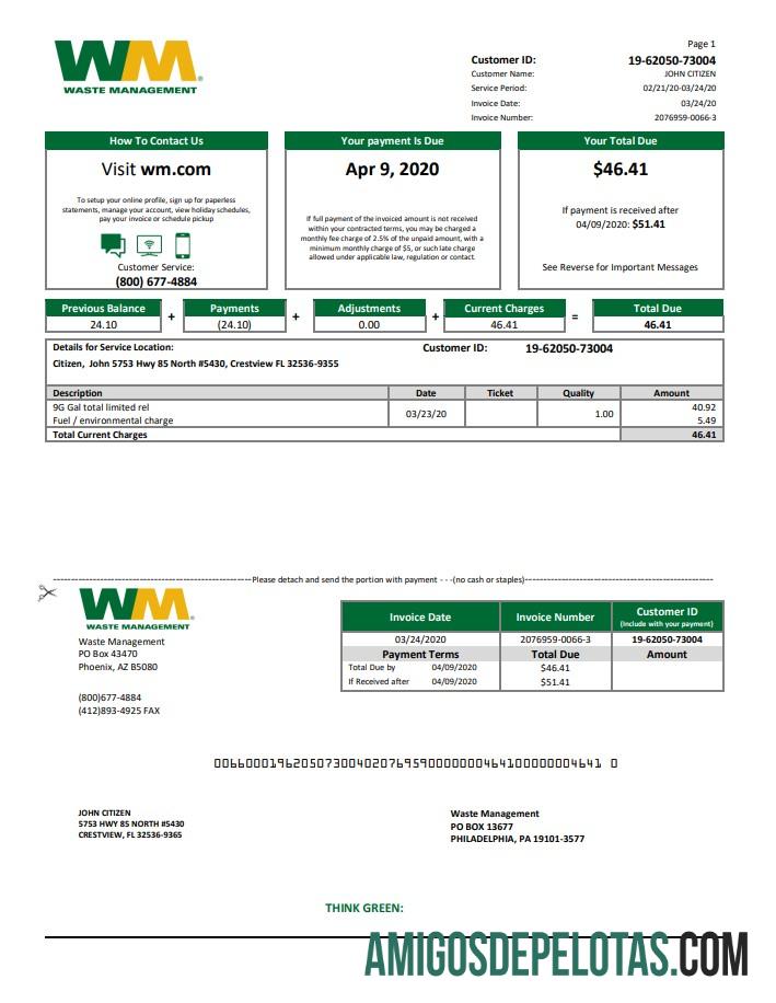Modelo realista de extrato bancário de gerenciamento de resíduos dos EUA em formato Word e PDF, bom para provar o endereço